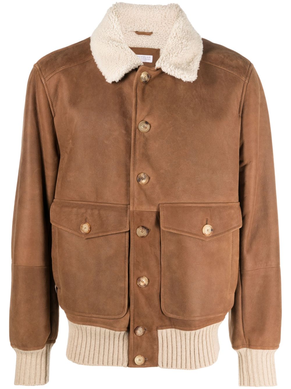 Long-sleeved button-up leather jacket - Brown