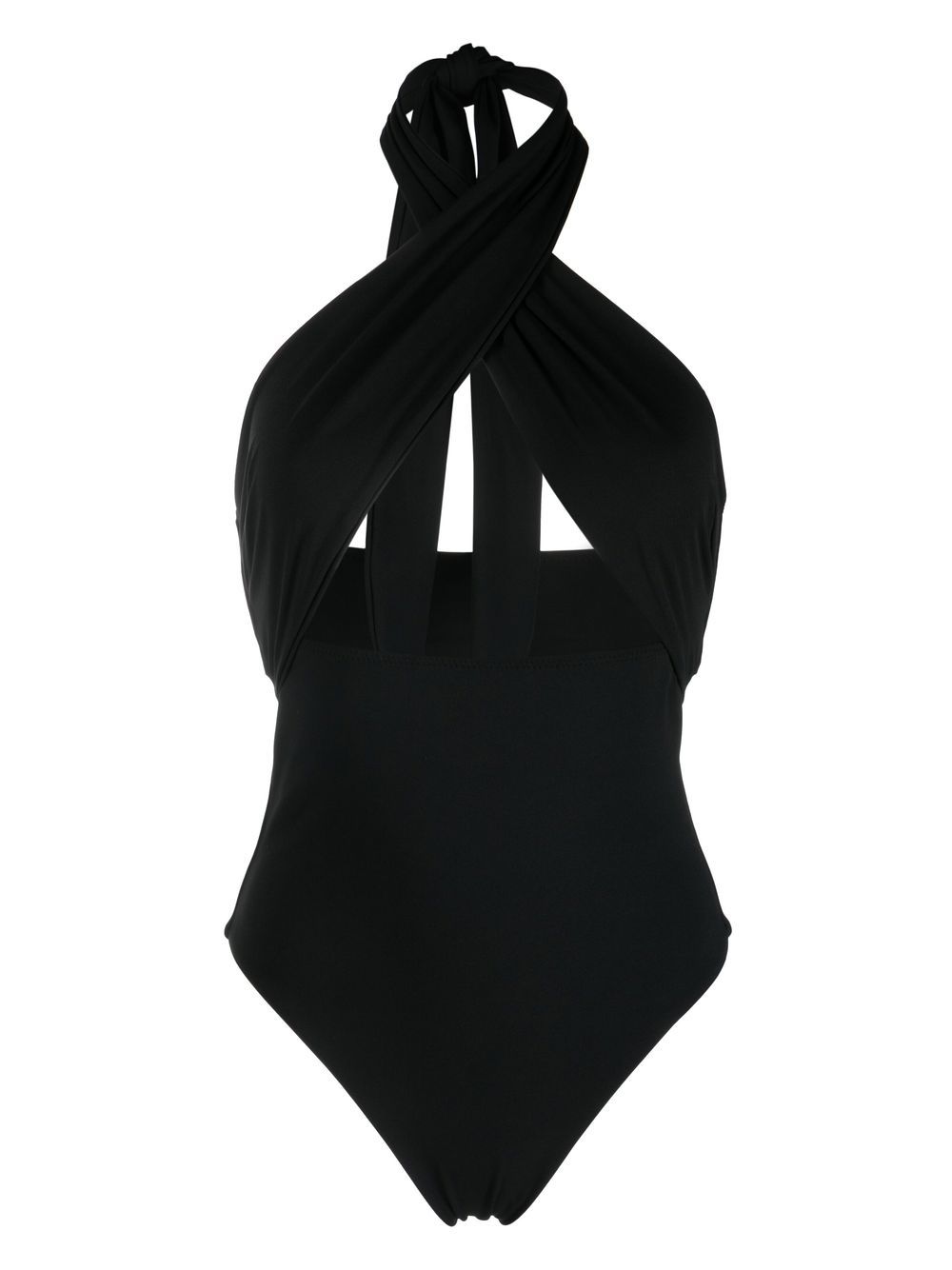 Cut-out crossover-neck tie swimsuit - Black