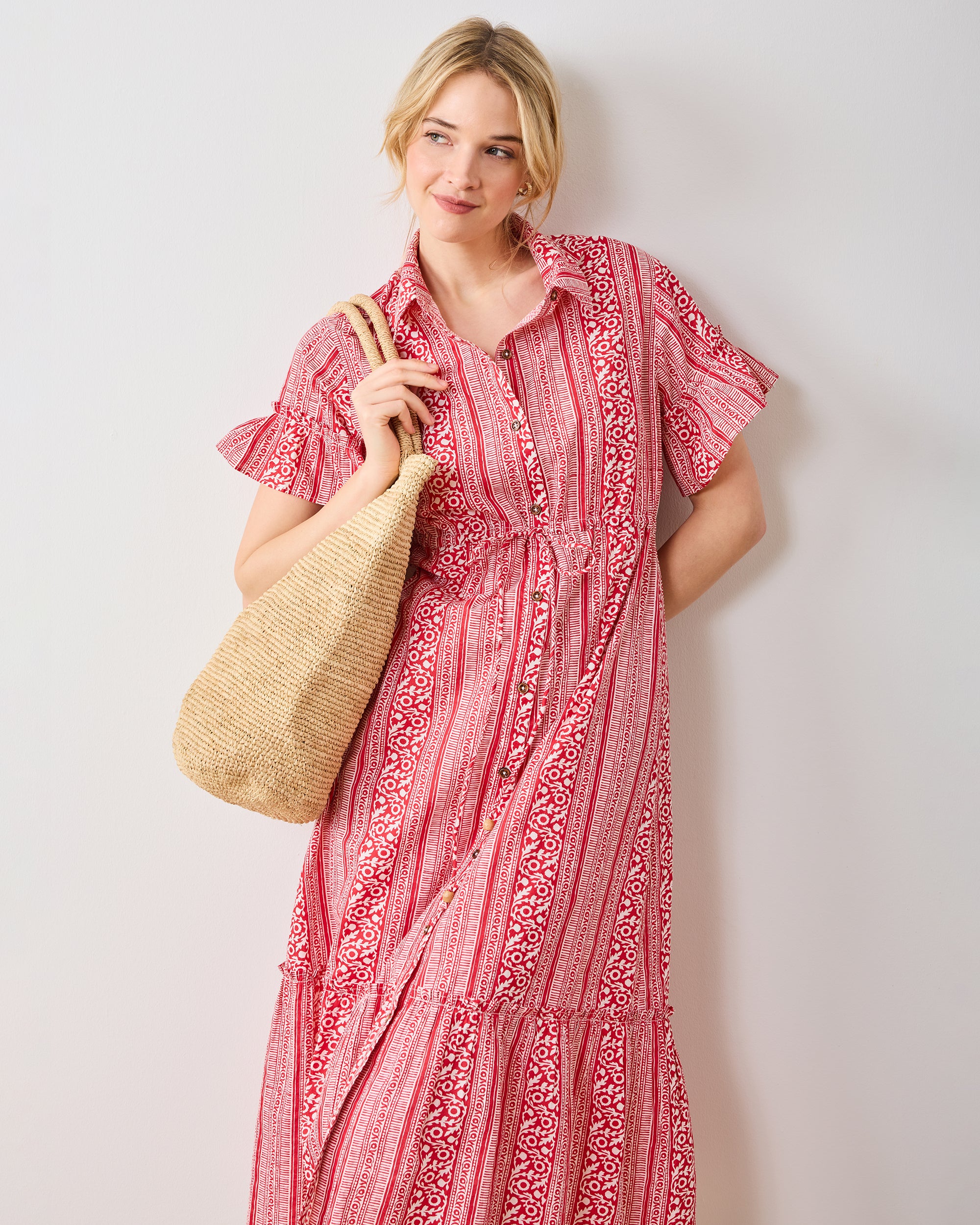 Printfresh x Pencil & Paper Organic Cotton Flutter-Sleeve Button-Front Midi Dress in PF + Pencil & Paper Co. Red Paisley | Women's XS | Red