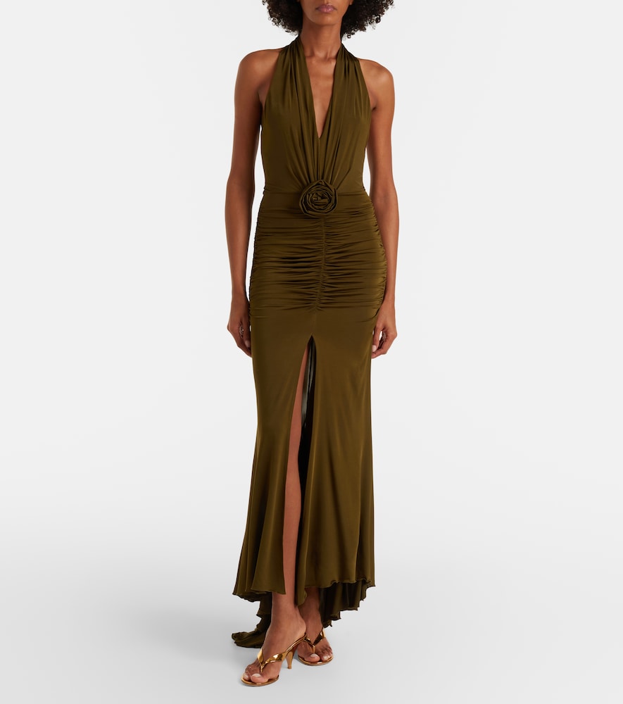 Floral-appliqué ruched maxi dress