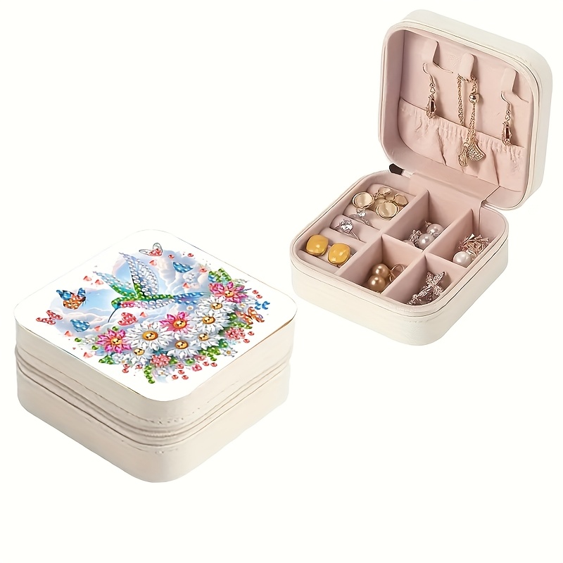 TEMU 5d Diy Diamond Painting Jewelry Box, Jewelry Storage Box With Unique Diamond Design, Hummingbird And Flower , Suitable For Earring