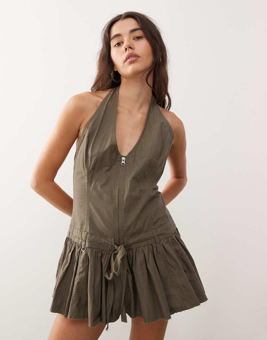 Halter tie neck corset dress with zip front detail in khaki-Green