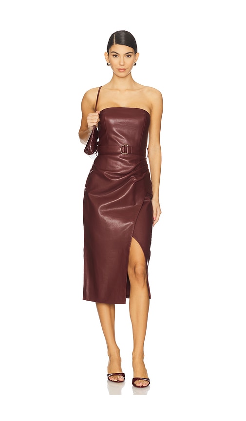 Karina Grimaldi Samantha Strapless Faux Leather Midi Dress in Burgundy. - XS also in L