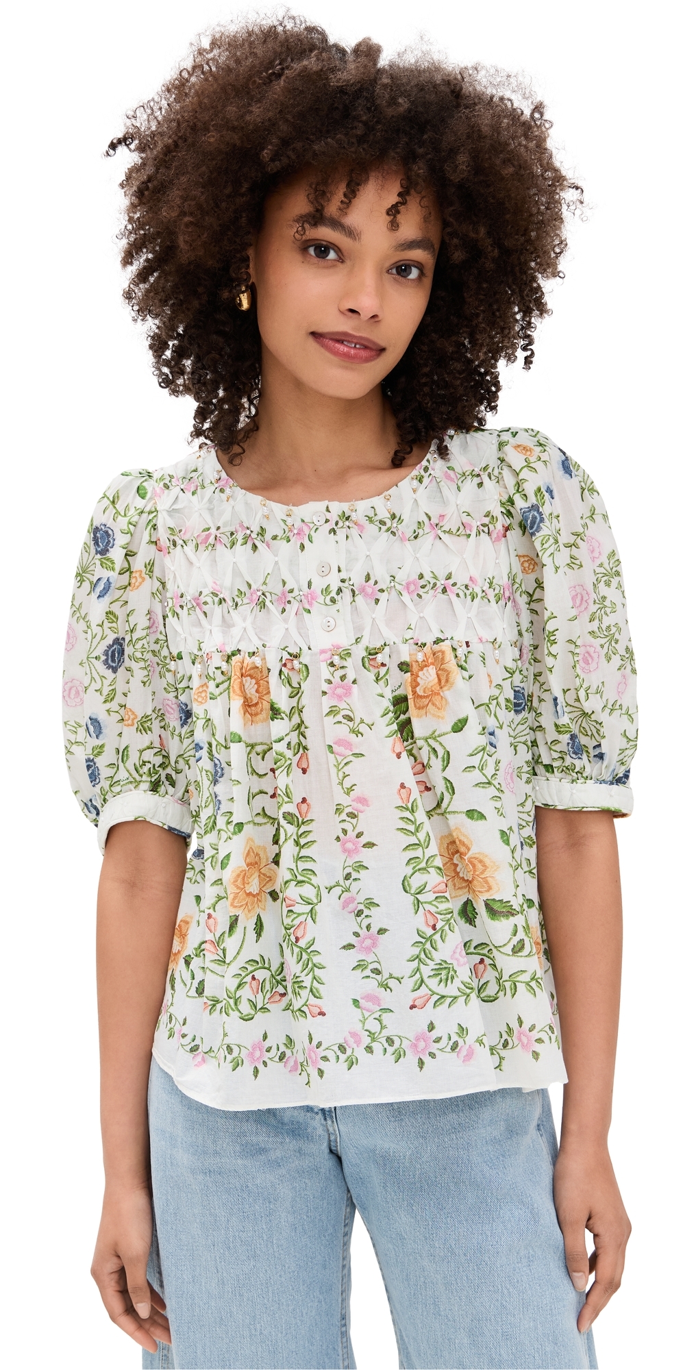 FARM Rio Scoop Neck Short Sleeve Blouse Folk Floral Off-White