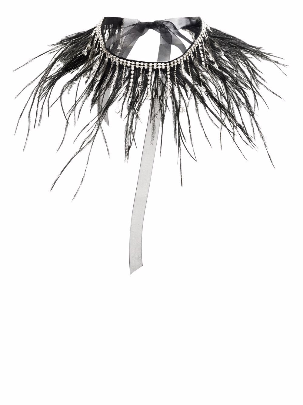 Crystal and feather-embellished silk necklace - Black