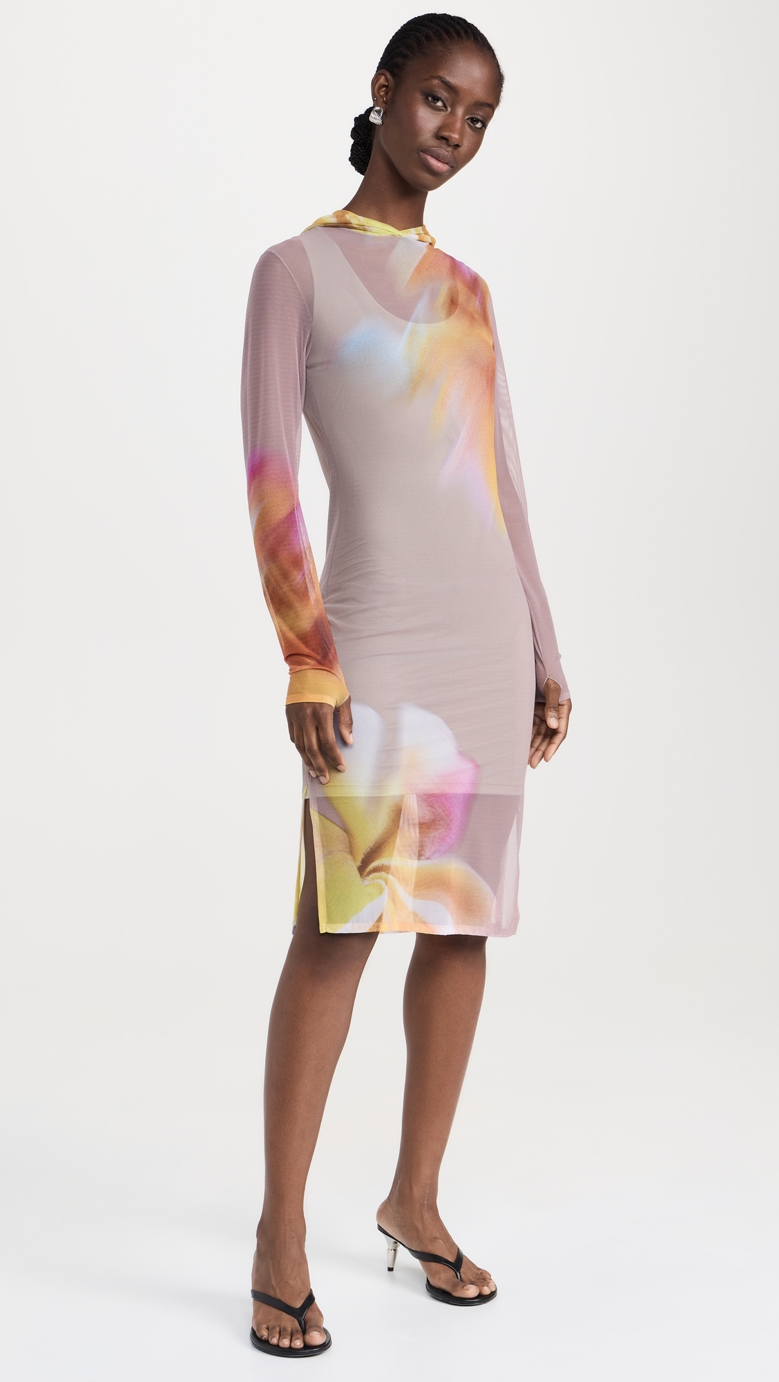 Printed Mesh Midi Dress with Hood Petals and Putty
