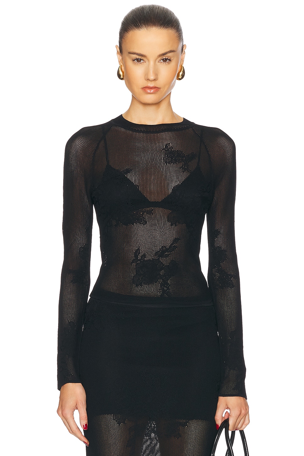 Fleur du mal Lace Pointelle Long Sleeve Top in Black. M. Also in
