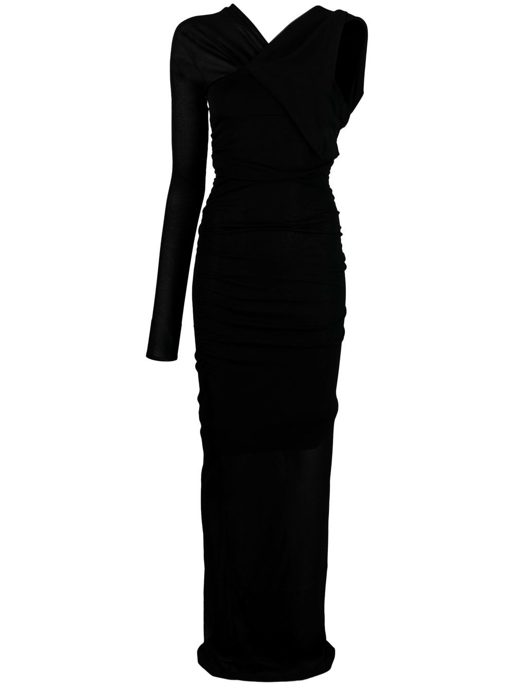 Semi-sheer one-sleeve long dress - Black