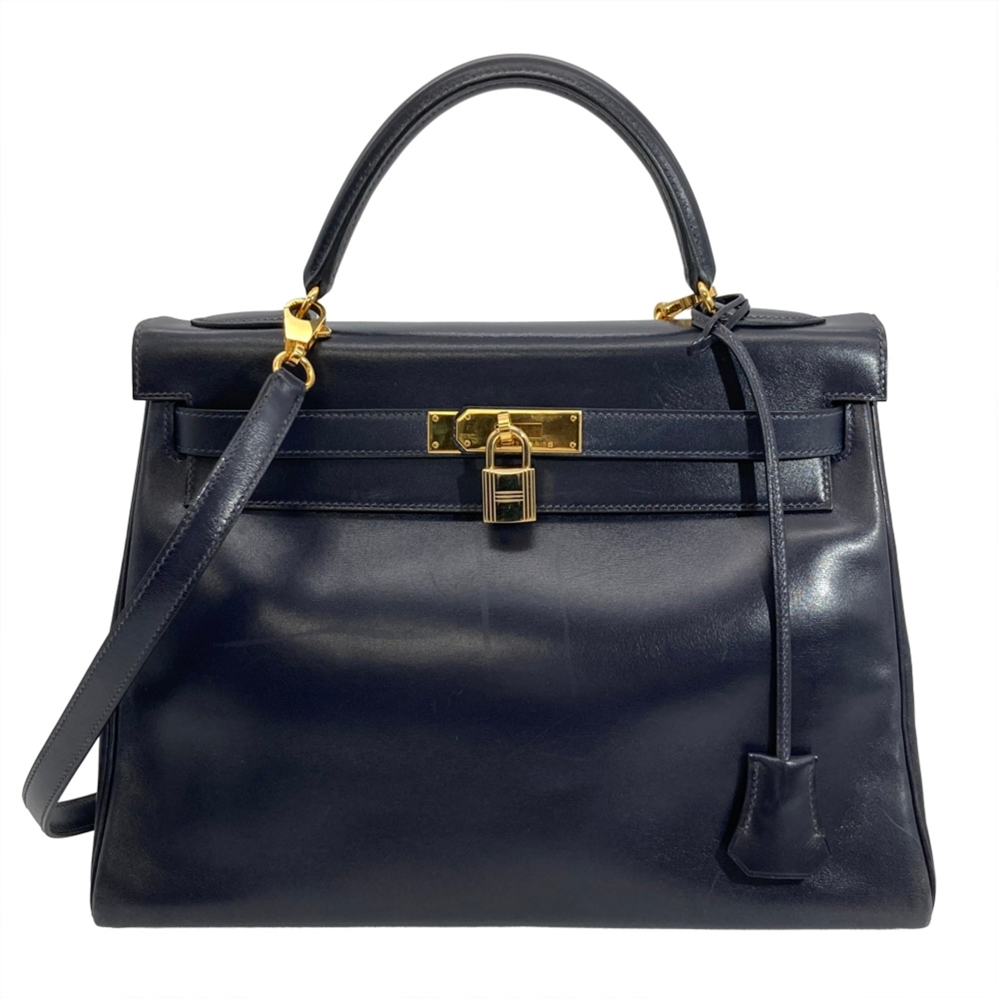 Hermes Navy Box Calf Leather Handbag Pre-Owned