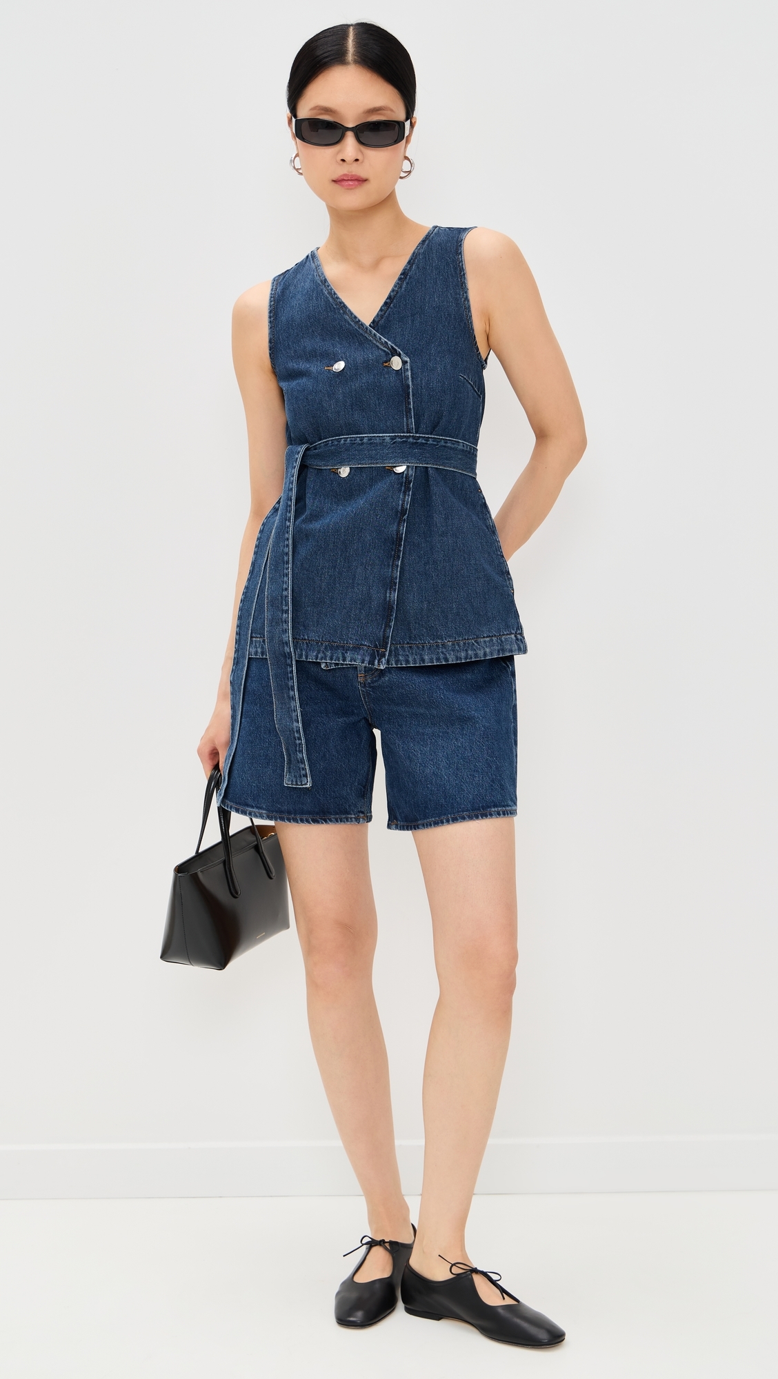 ALIGNE Jate Denim Wrap Waistcoat Vest Mid Blue
