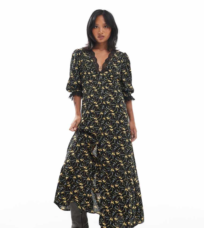 Lace trim button through maxi dress in black ditsy-Multi