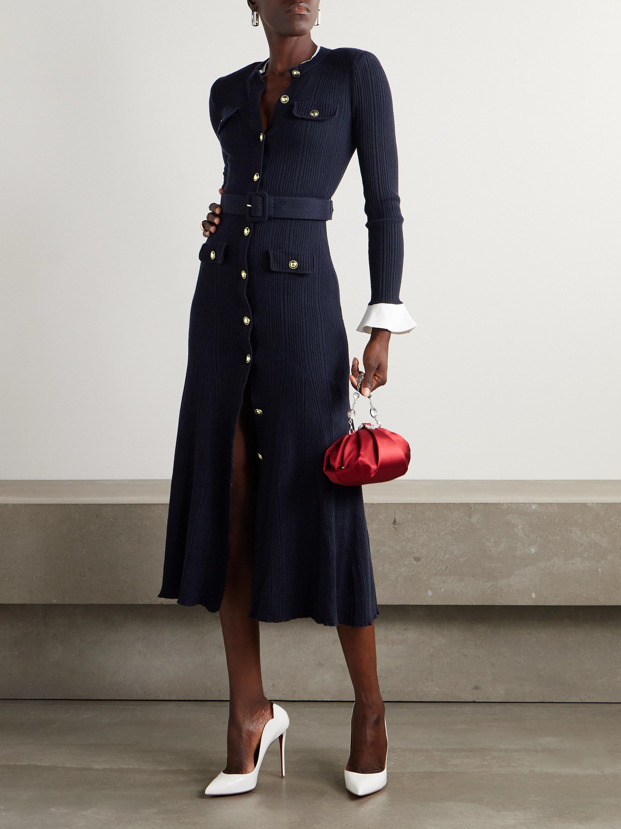 Belted Ribbed-knit Midi Dress - Blue