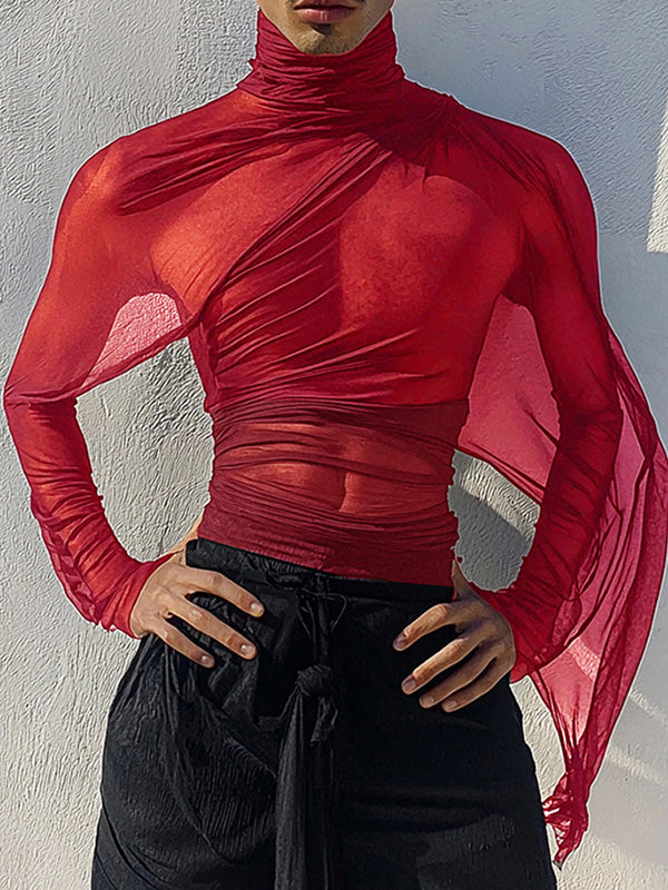 Mens Sheer Ruched Long-Sleeve T-Shirt SKUK89131 - Red / S