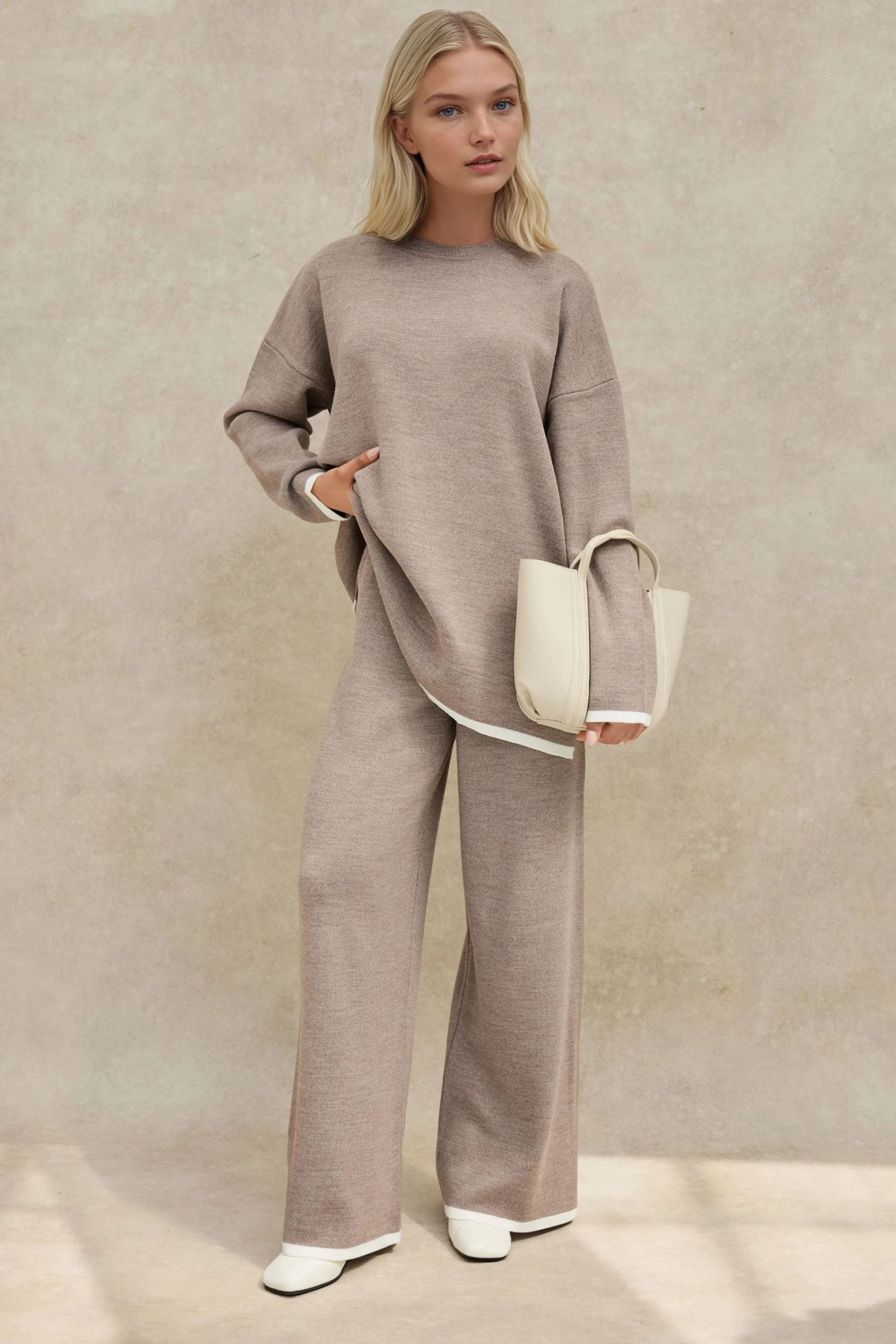 Natural Sweater & Wide Leg Pants Knit Co-ords Set Women
