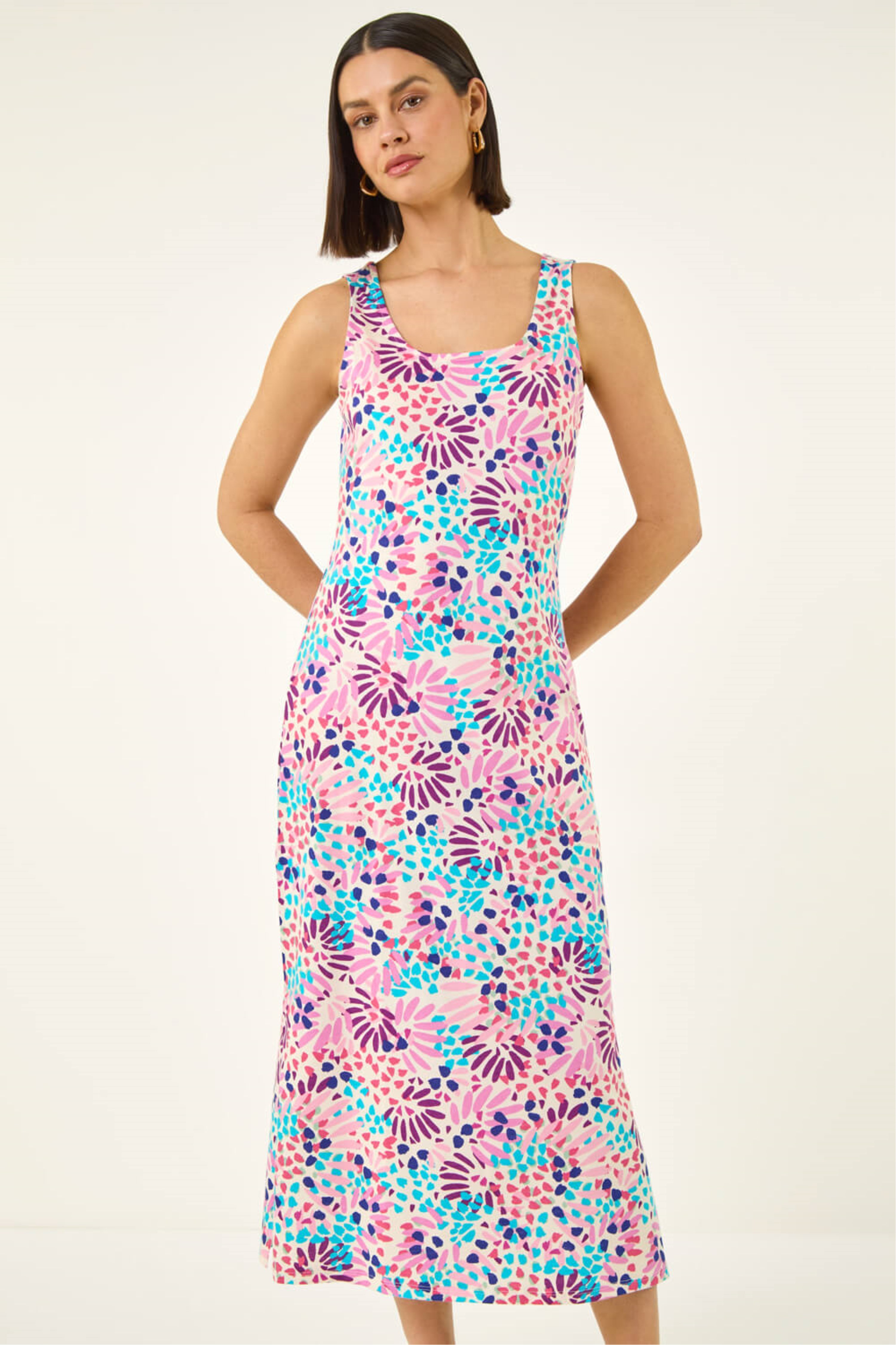 Roman Womens Confetti Print A-Line Midi Dress - Pink Cotton