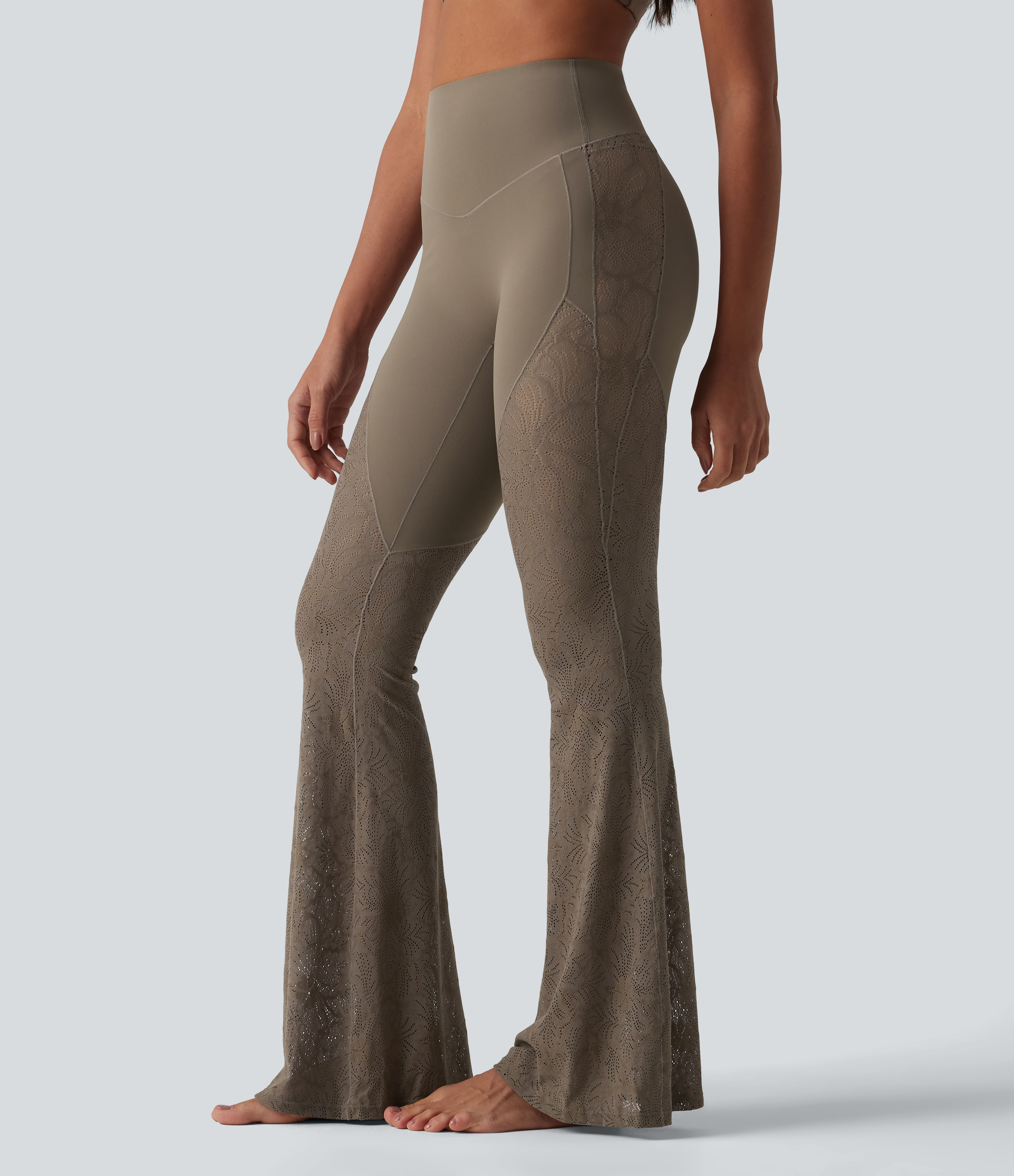 UltraSculpt™ High Waisted Tummy Control Contrast Lace Yoga Flare Leggings with Pocket  - Dawn Brown