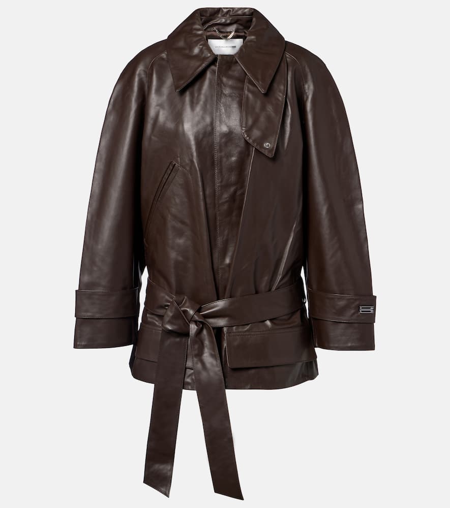Cropped leather trench coat