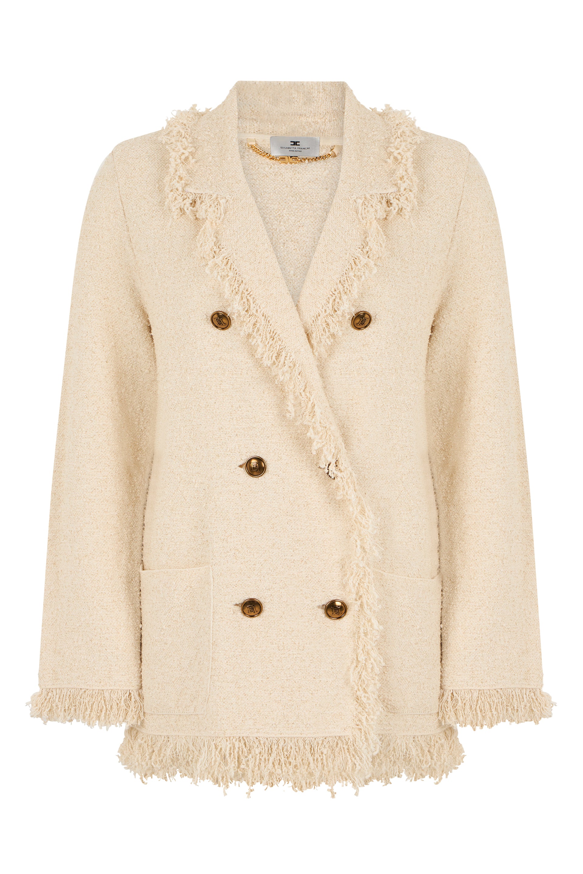 Double-Breasted Blazer with Fringed Detail and Golden Buttons