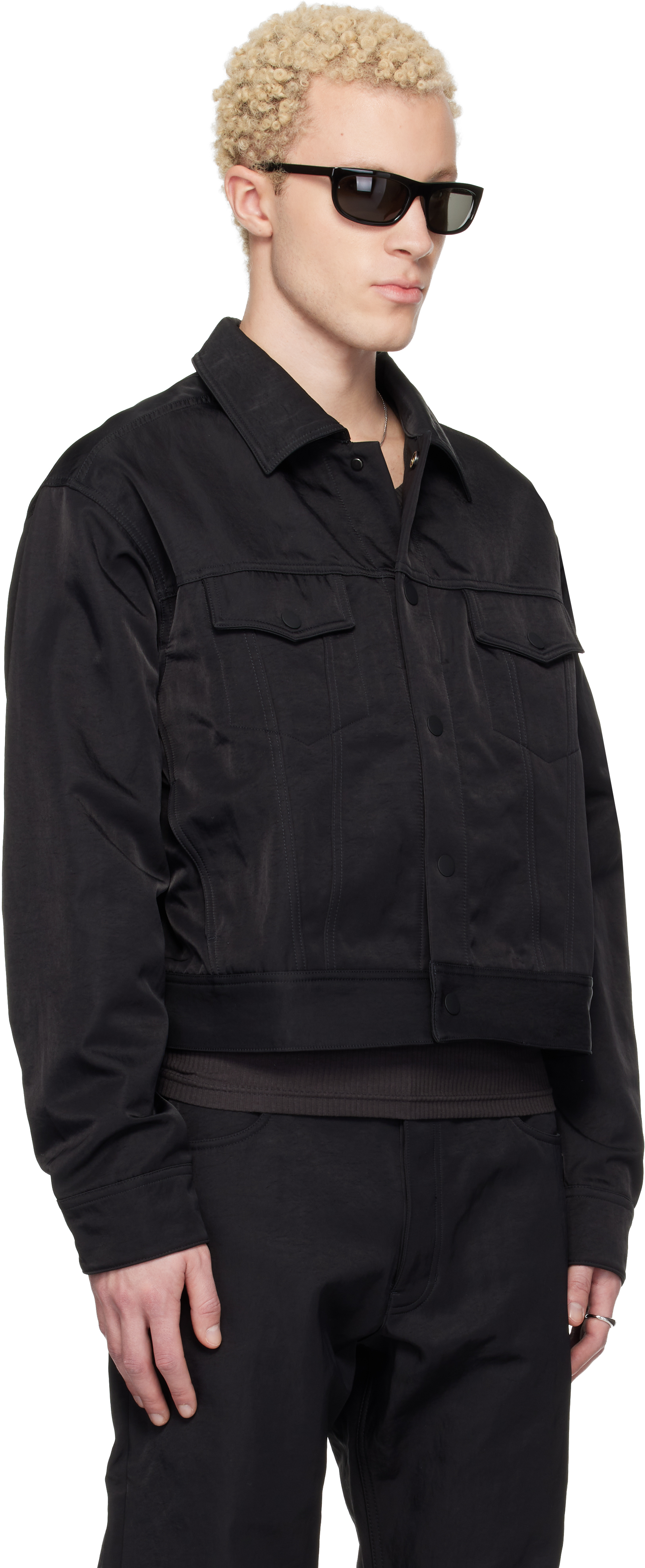Black Textured Nylon Trucker Jacket