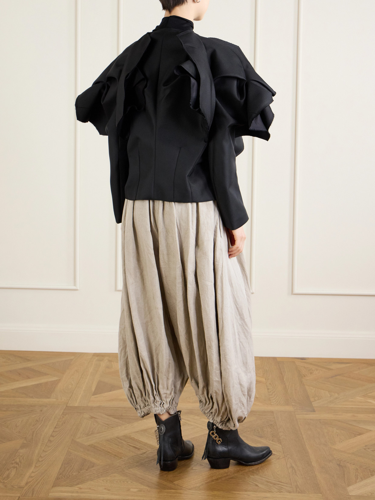 Ruffled Frayed Gabardine Jacket - Black