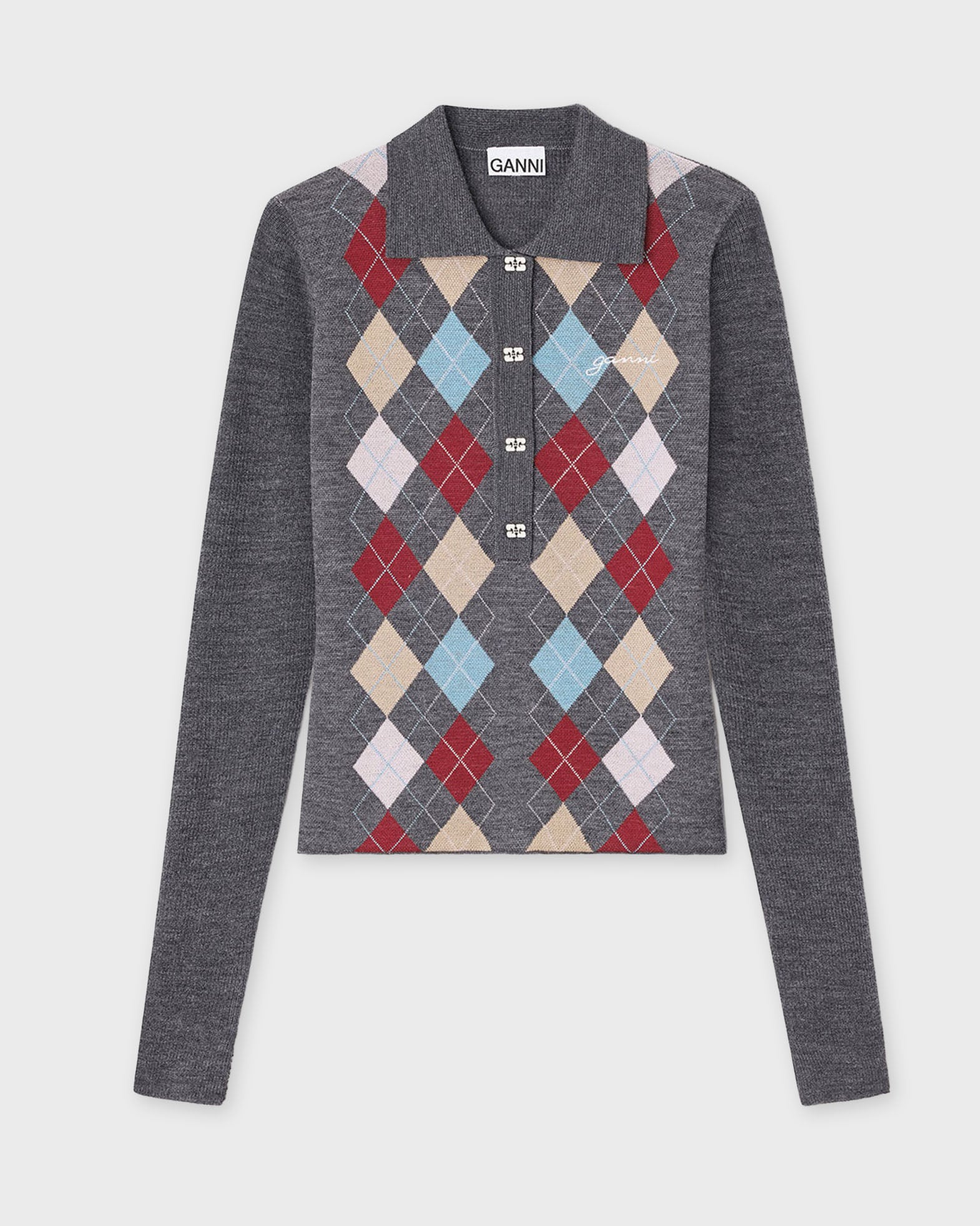 Ganni Sweater Fine Merino Jacquard Polo Paloma melange
