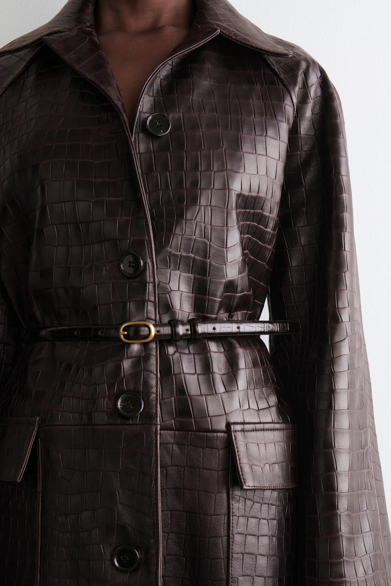 Croc-Effect Leather Long Coat