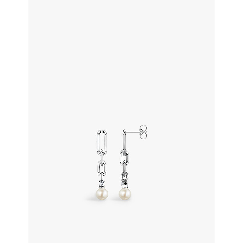 Womens 925 Silver & Cz Link Sterling-silver and Pearl Drop Earrings 