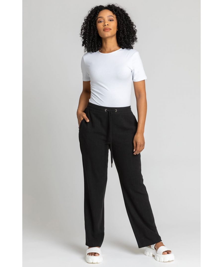 Roman Petite Womens Linen Elastic Waist Tie Front Joggers - Black