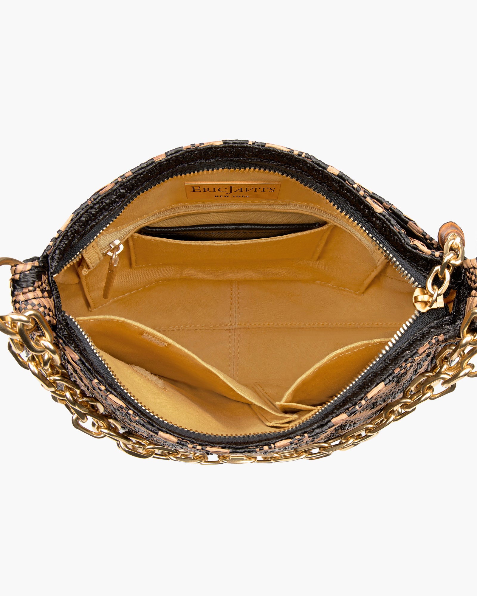 Chain Pouch Raffia - Black Mix, Zip Top Closure, Adjustable Chain Handle, Durable Canvas Lining, Phone and Sunglasses Pocket