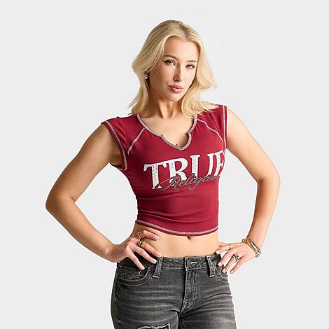 Women's Crystal Ribbed Notched Baby T-Shirt in Red Dahlia