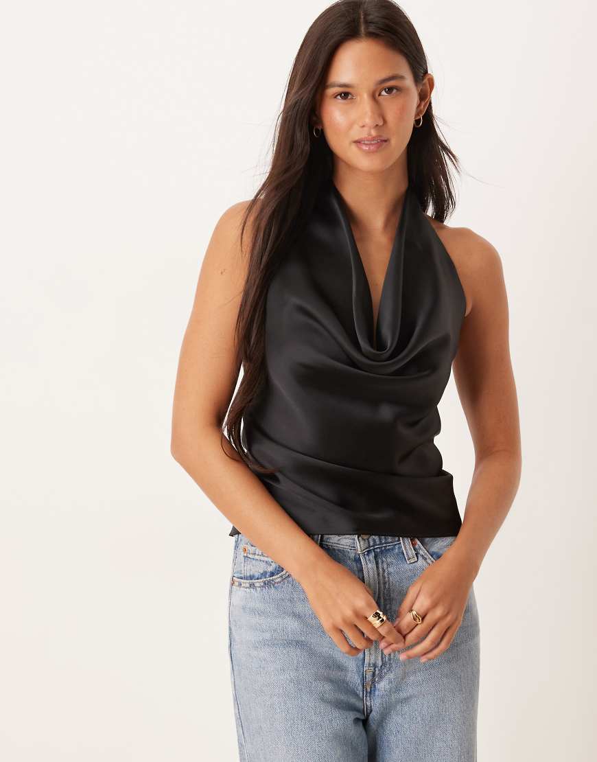 Satin halter cowl cami top in black