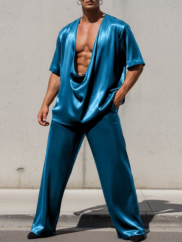 Men's Satin-like Deep V Draped Neck Two Pieces Outfit SKUL55429 - Blue / S