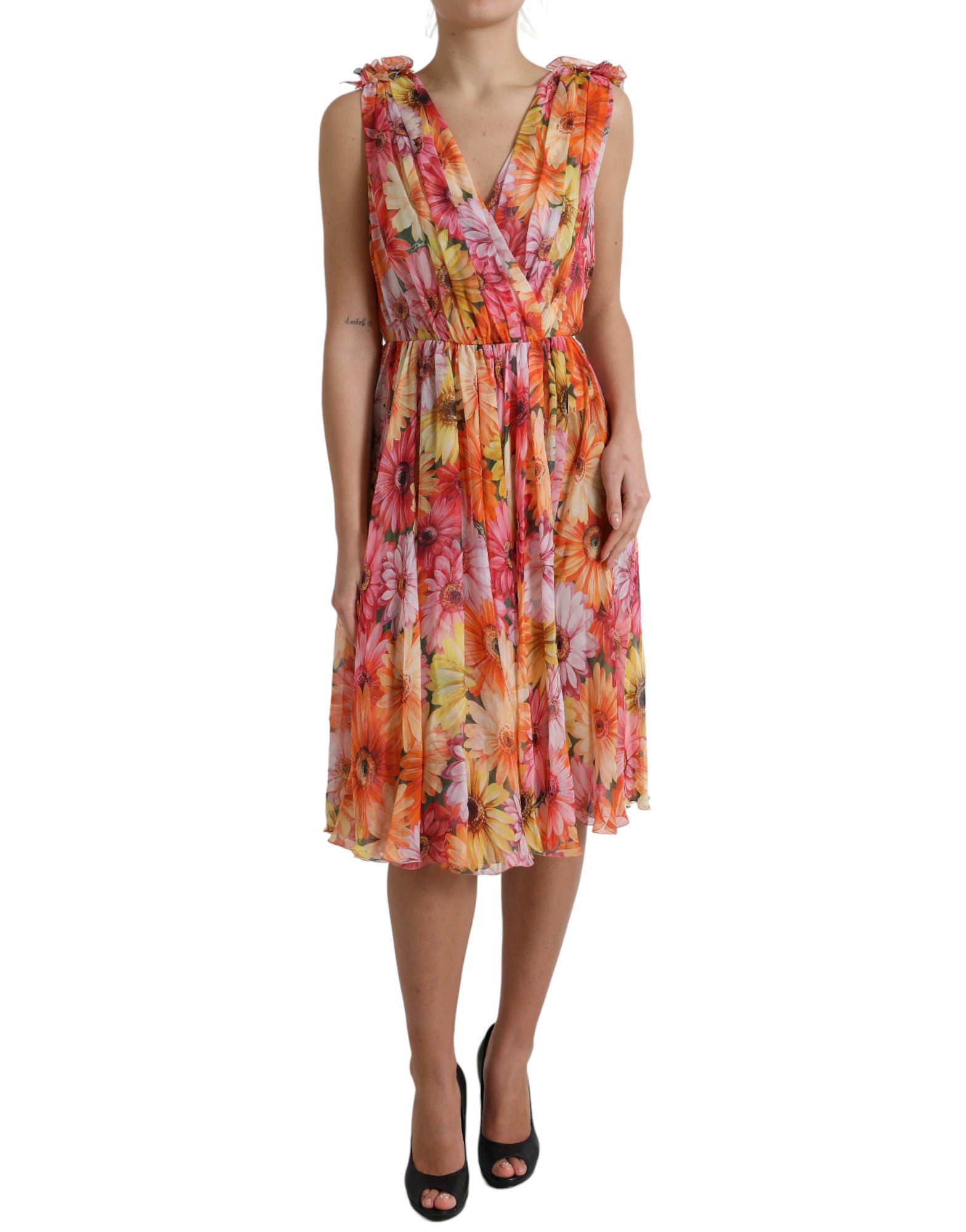 Sunflower-Print Silk Dress — Multicolor