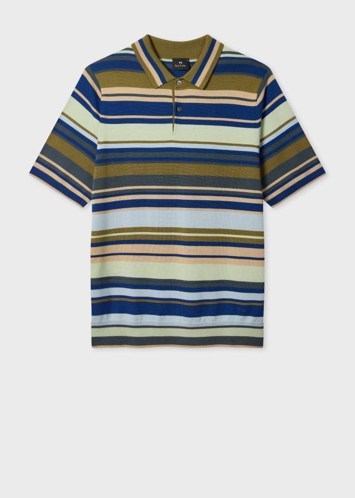 Khaki Multistripe Merino Wool Polo Shirt Green