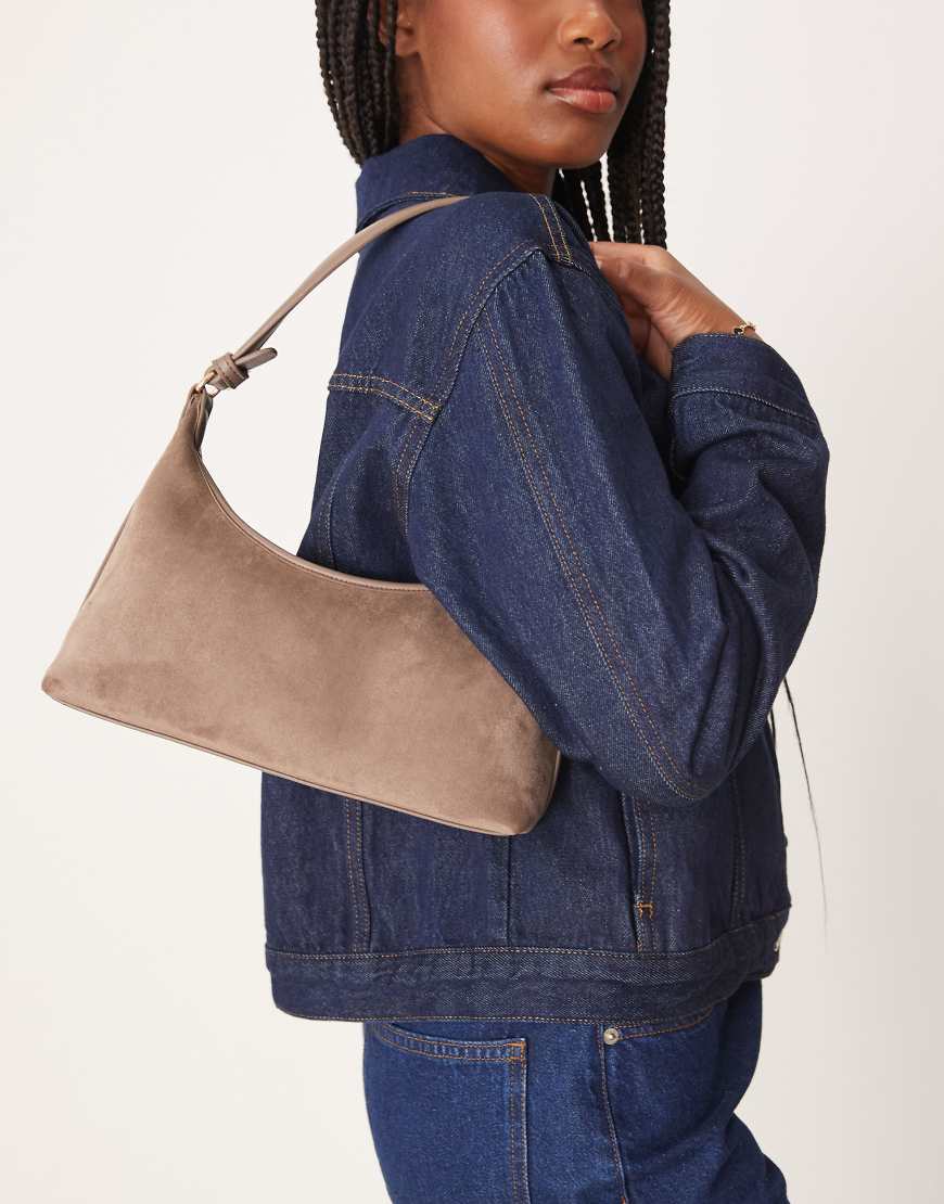 Faux suede 90s shoulder bag in dark mauve-Brown