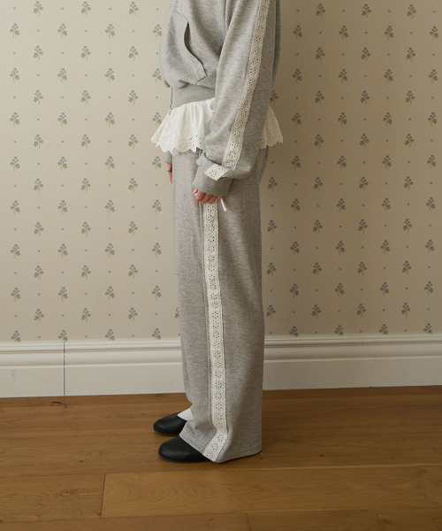 Side Cotton Punching Lace Wide Sweatpants Melange Grey