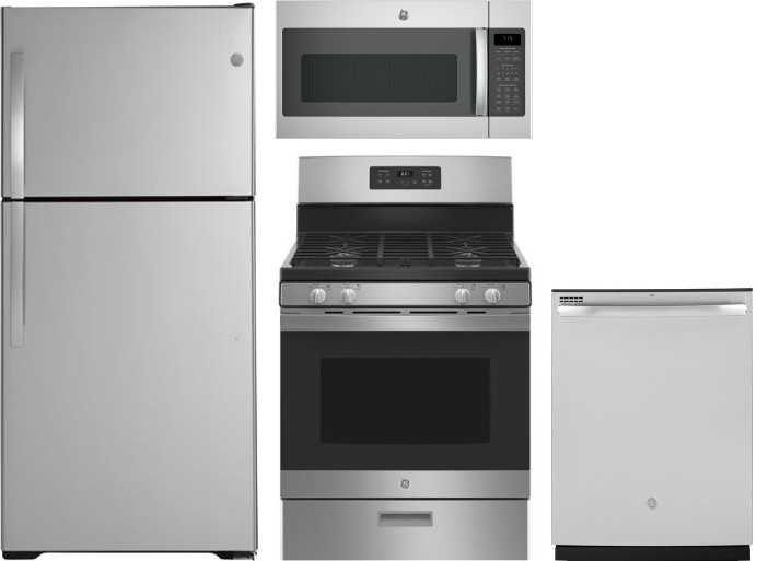 Piece Kitchen Appliances Package with Top Freezer Refrigerator, Gas Range, Dishwasher and Over the Range Microwave in Stainless Steel GERERADWMW
