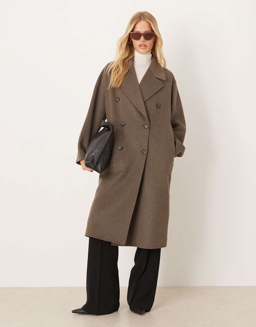 Wool mix double breasted midi coat in light brown