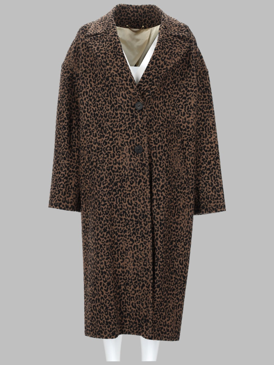 Animal-Print Single-Breasted Cocoon Wool Overcoat for Women