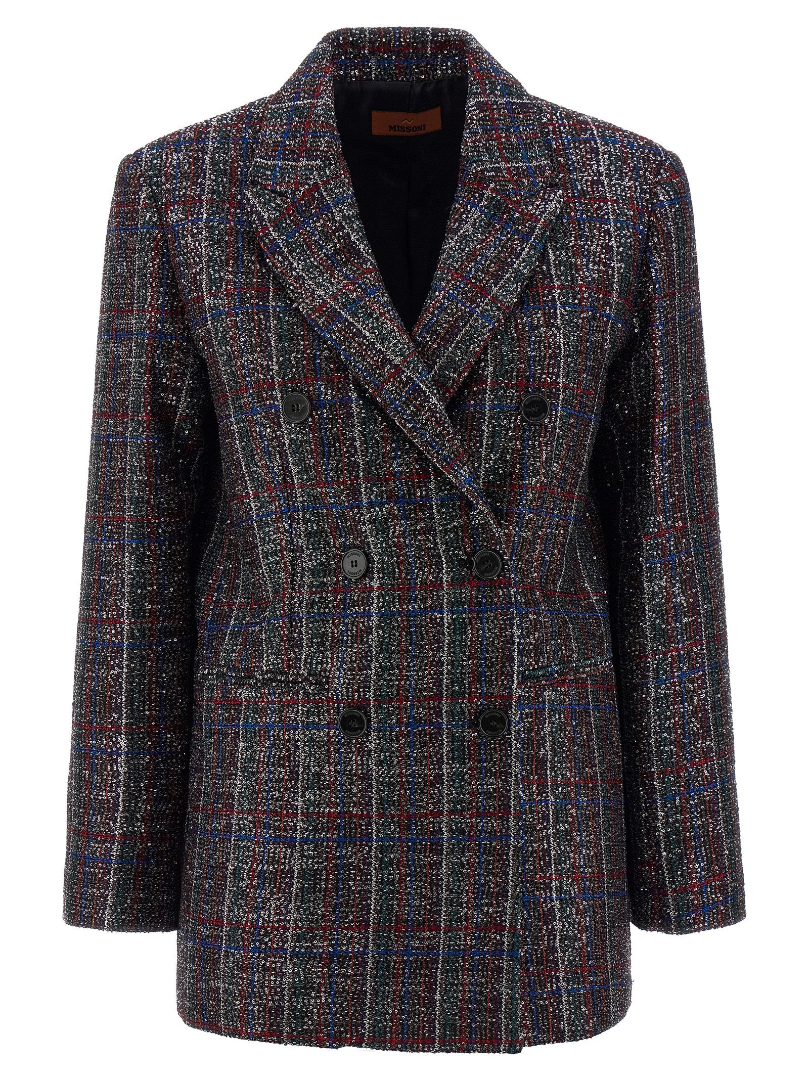 Micro Sequin Tartan Wool-Blend Blazer — Multicolor