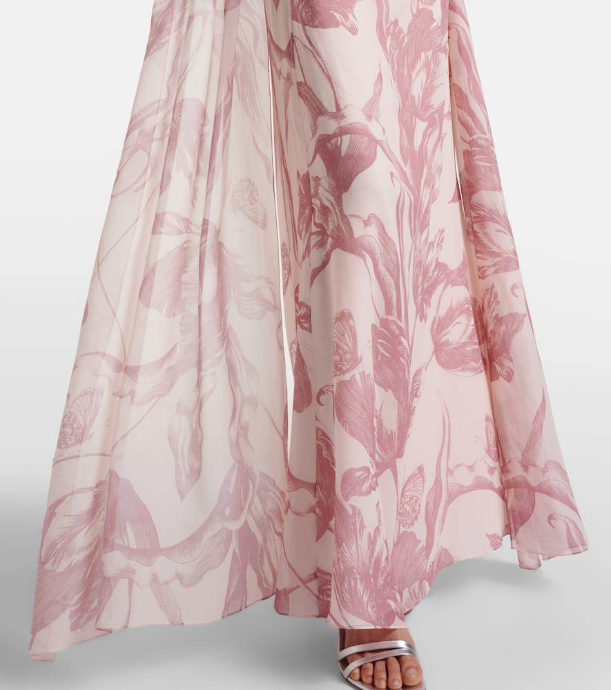 Draped floral silk voile gown