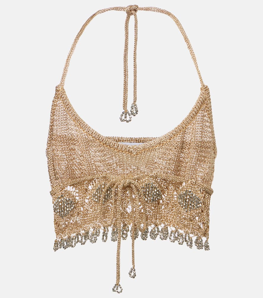 Crochet embellished lamé crop top