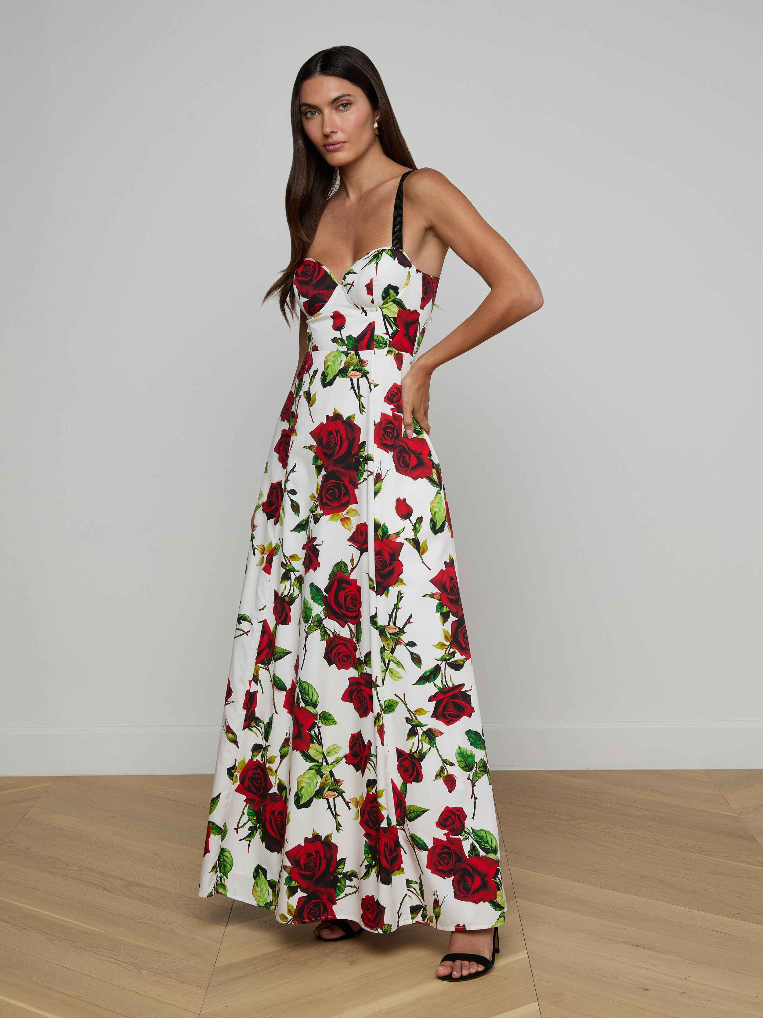 Sutton Beaded Strap Gown In White/red Romantic Rose