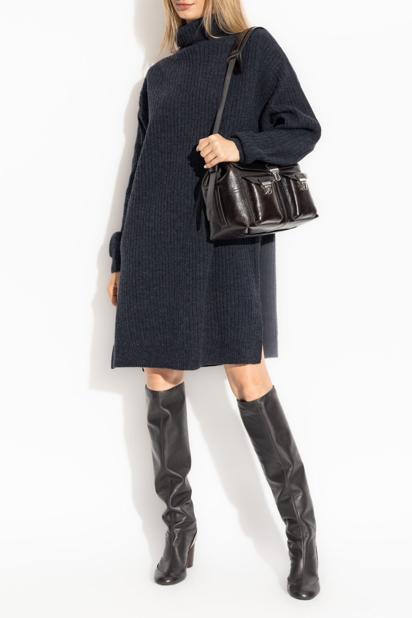 Wool Dress With Turtleneck, Women's, Navy Blue