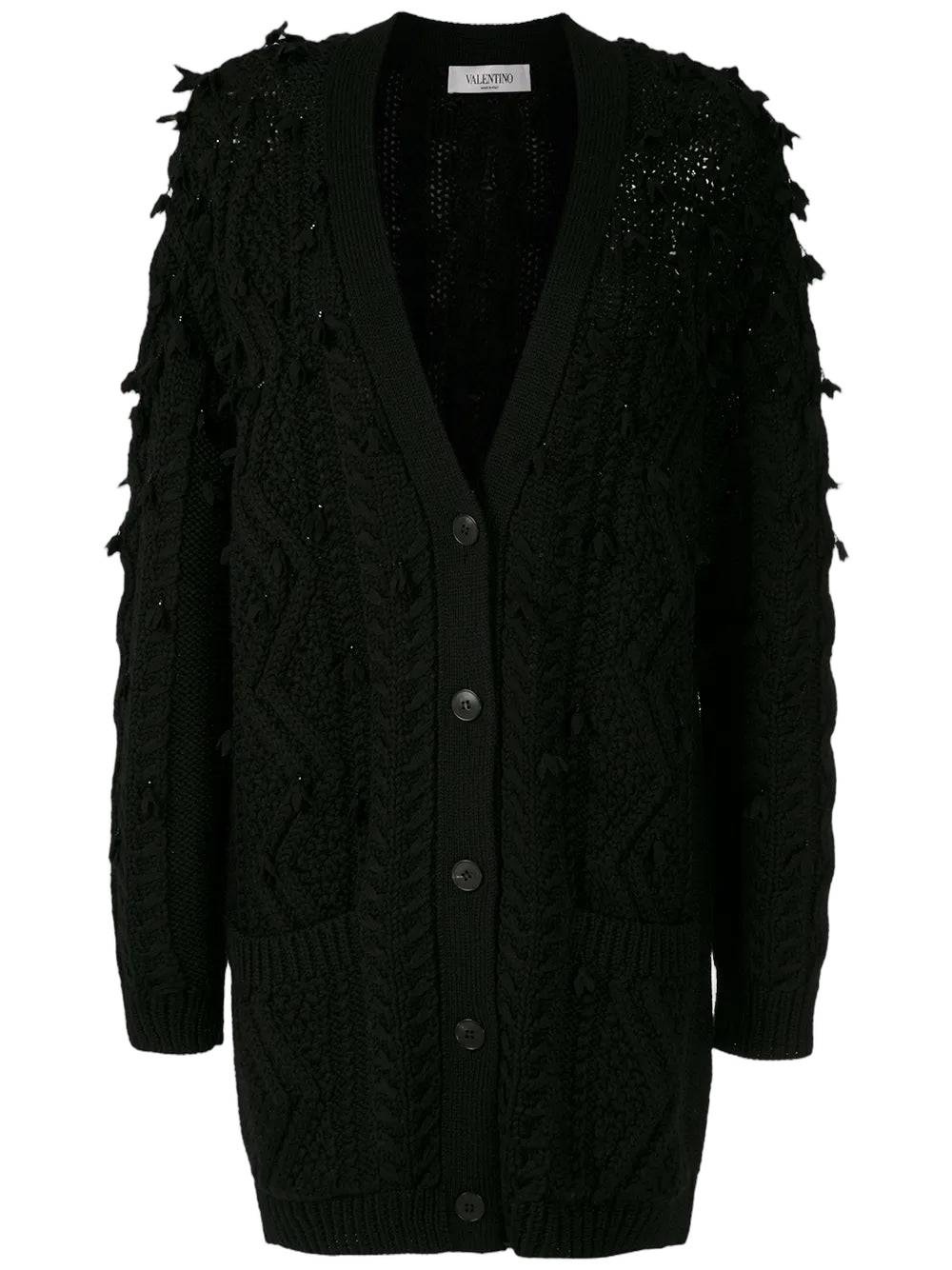 Tassel-Trim Cable-Knit Cardigan — Black