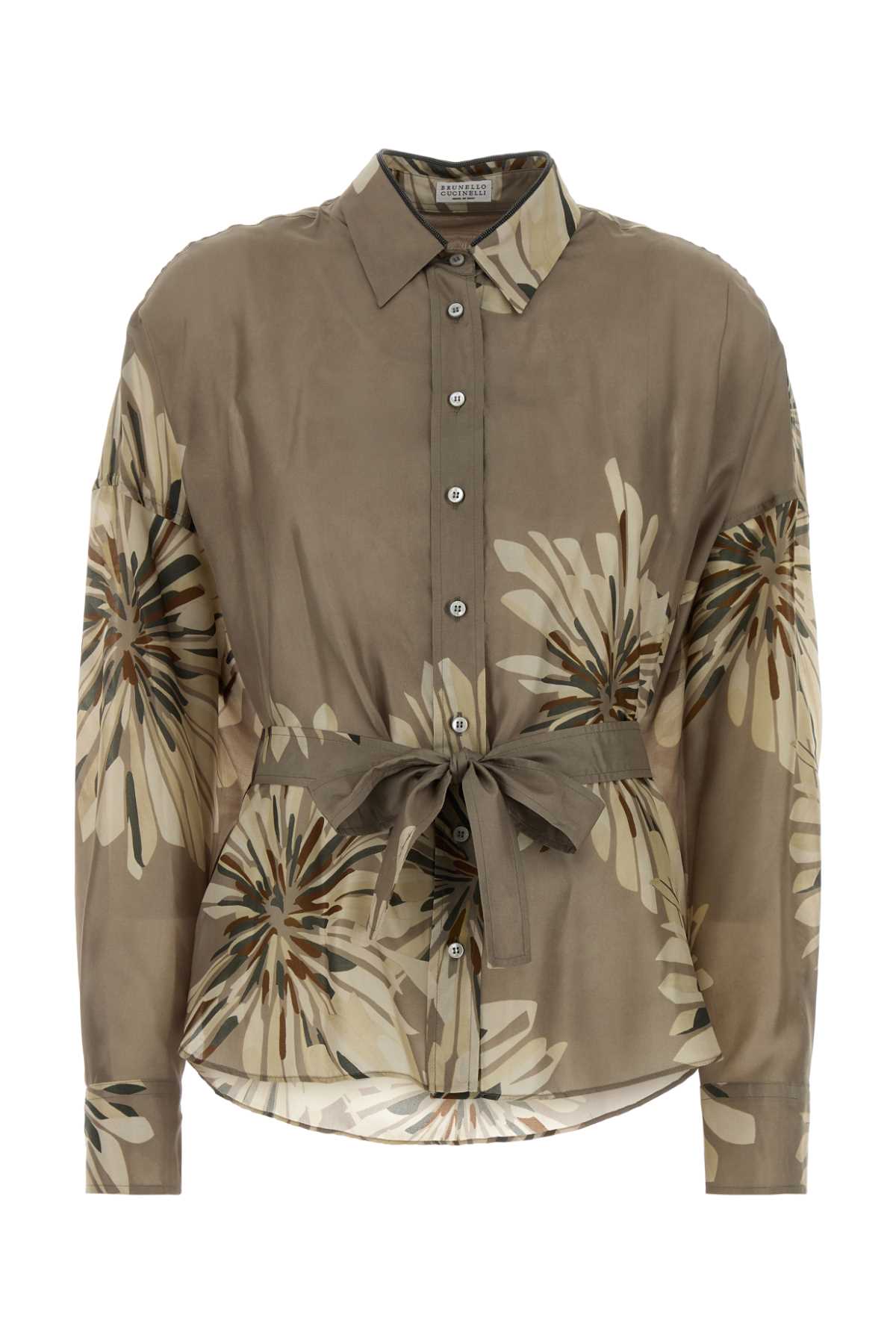 Floral-Printed Silk Shirt — Beige