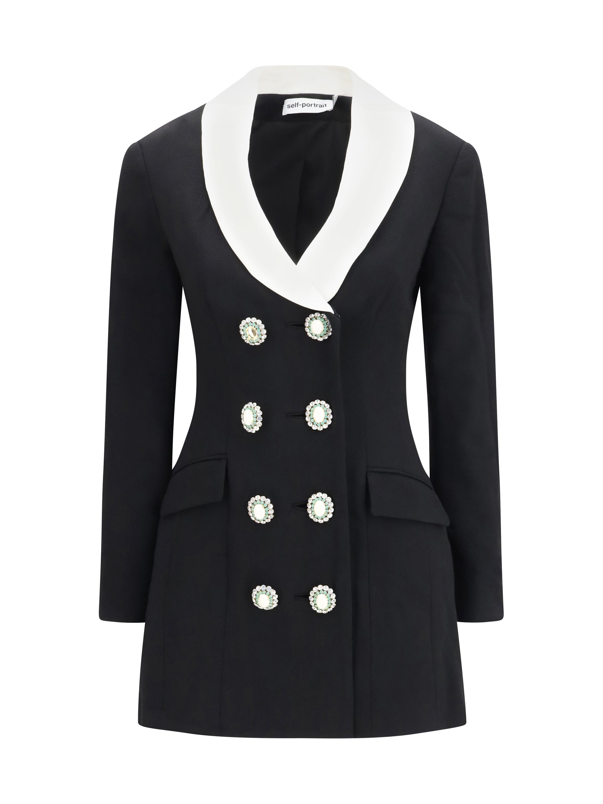 Double-Breasted Wool with Jeweled Buttons Dress — Black