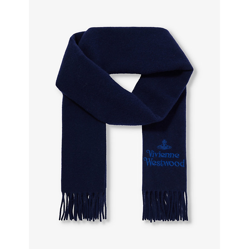 Mens VY Blue Brand-embroidered Fringed-trim Wool Scarf