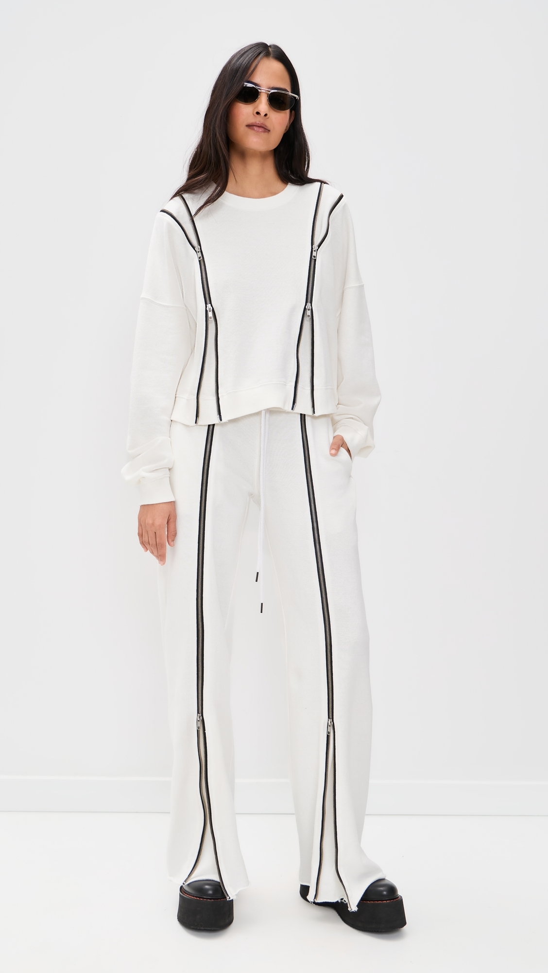 Zippered Wide Leg Sweatpants White