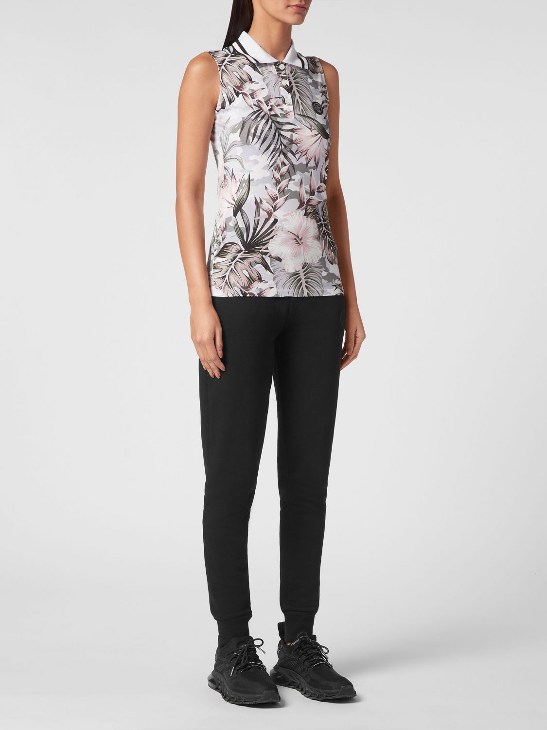 Floral sleeveless polo shirt - White